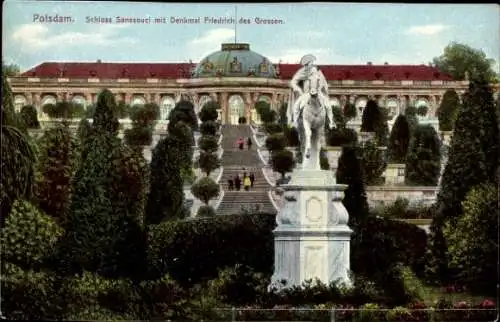 Ak Potsdam Sanssouci, Schloss Sanssouci, Denkmal Friedrich des Großen, Gartenanlage