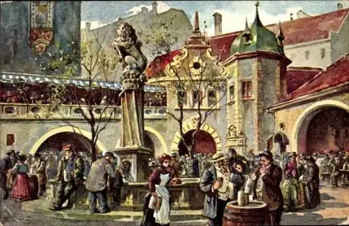 Ak München, Hofbräuhaus, Kneip-Hof im Kgl. Hofbräuhaus, festliche Szene mit viele Menschen, hi...