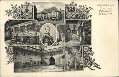 Wappen Ak Cheb Eger Reg. Karlsbad, Stadthaus, Ermordung Wallensteins, Innenansicht