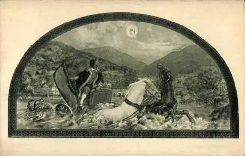 Ak Bohosudov Mariaschein Region Aussig, Kutsche, Reiterin, Berglandschaft, Fluss, Pferd,  Szeneri
