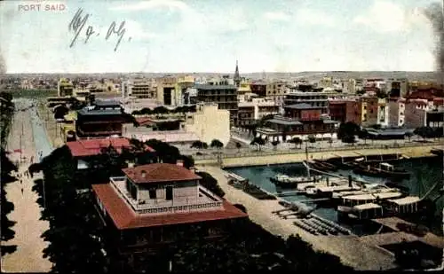 Ak Port Said Ägypten, Landschaft von  Hafenpromenade, Gebäude, Wasserfahrzeuge