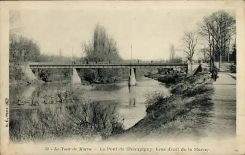 Ak Champigny sur Marne Val de Marne, Brücke über den Fluss Marne, Spaziergänger, Bäume, ruhige La
