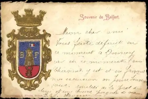 Ak Belfort Beffert Beffort Territoire de Belfort, Wappen von  Text mit französischen Grüßen, Souv