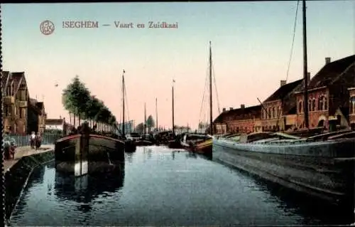 Ak Izegem Iseghem Westflandern, Darstellung des Kanals, Boote, Ufergebäude, friedliche Atmosphäre