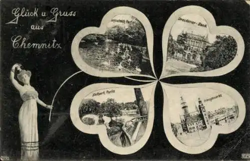 Kleeblatt Ak Chemnitz Sachsen, Schlossteich, Dresdener Bank, Stadtpark, Hauptmarkt