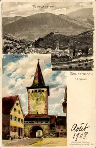 Künstler Litho Münch, C., Gengenbach Kinzig Ortenaukreis, Obertor, Totalansicht der Ortschaft