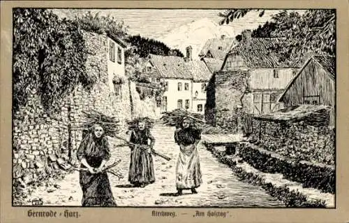 Künstler Ak Gernrode Quedlinburg im Harz, Kirchweg, Holztag