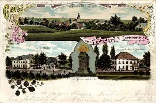 Litho Paitzdorf in Thüringen, Gesamtansicht, Hahn's Gasthof, Bismarcksäule, Brauerei