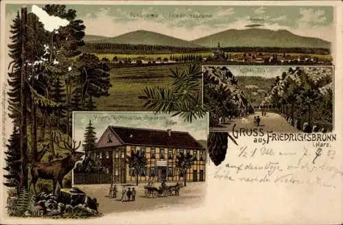 Litho Friedrichsbrunn Thale im Harz, Meyers Gasthaus zum schwarzen Adler, Kaltes Tal, Hirsch