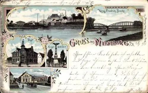 Litho Nienburg an der Saale, Herzog Friedrich Brücke, Post, Bahnhof Gleisseite, Denkmal