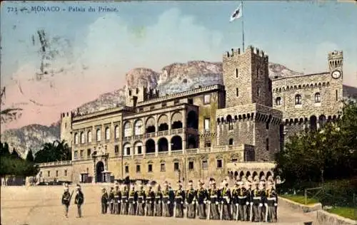 Ak Monaco, Palais du Prince, Soldaten in Uniform, malerischer Hintergrund, Fahne