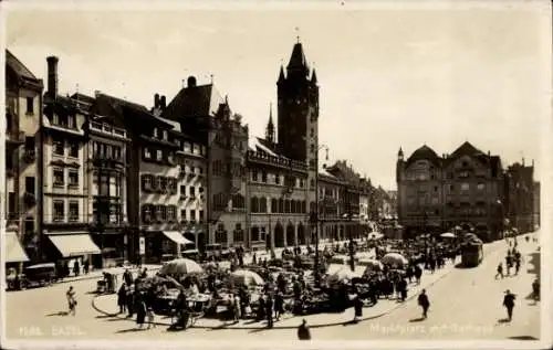 Ak Basel Stadt Schweiz, Marktplatz, Rathaus,  Architektur, Menschen, Marktstände