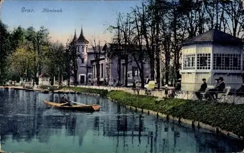 Ak Graz Steiermark, Malerei von Graz am Hilmteich, Boot auf dem Wasser, Bäume und Pavillon