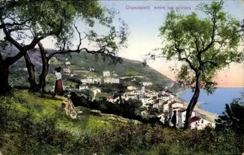 Ak Ospedaletti Liguria, Blick auf  Küstenlandschaft, Bäume, Häuser, Meer