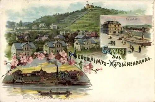 Litho Niederlössnitz Kötzschenbroda Radebeul in Sachsen, Bahnhof, Dampfschiff Landungsplatz
