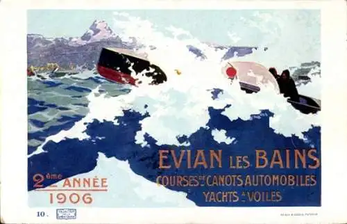 Künstler Ak Evian les Bains Haute Savoie, 2eme Annee 1906, Courses de Canots Automobiles