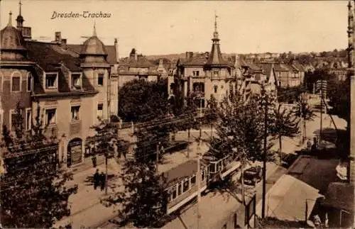 Ak Dresden Trachau, Straßenpartie, Straßenbahn
