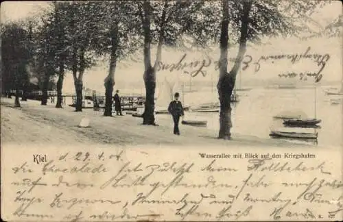 Ak Kiel,  Wasserallee, Blick auf Kriegshafen, Segelboote, Bäume