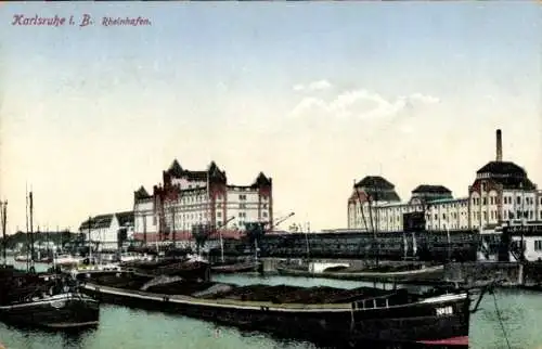 Ak Karlsruhe in Baden, Karlsruhe i. B., Rheinhafen, Hafenlandschaft, Schiffe