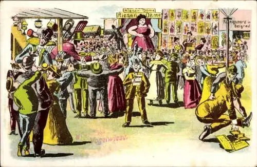 Litho Dresden Altstadt Johannstadt, Festplatz Vogelwiese, Riesen-Dame