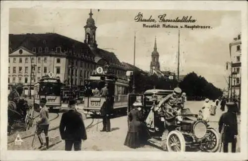 Ak Dresden, Neustädter Rathaus, Hauptstraße, Straßenbahn Nr. 9