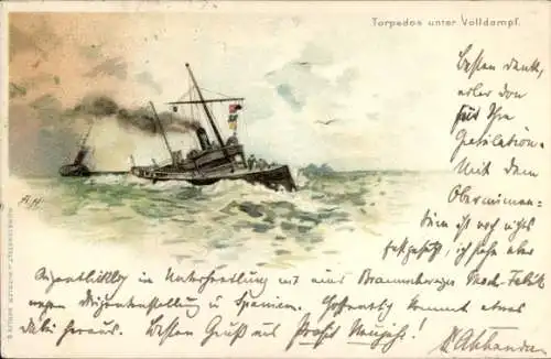 Künstler Litho Deutsches Kriegsschiff, Torpedoboote unter Volldampf, Kaiserliche Marine