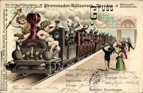 Litho Dampflok im Bahnhof mit Weinflaschen, Weingläser