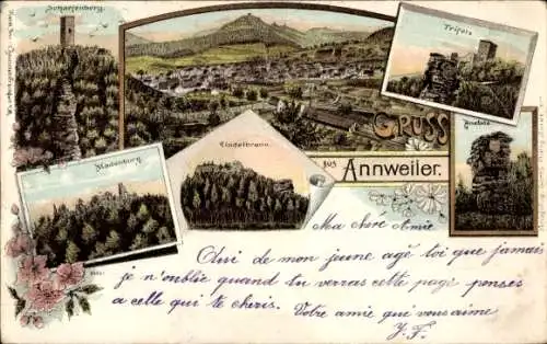 Litho Annweiler am Trifels Pfalz, Trifels, Anebos, Burgruine Scharfenberg, Gesamtansicht