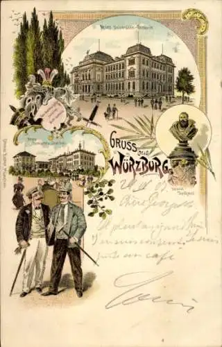 Litho Würzburg am Main Unterfranken, Denkmal, Universität, Studenten