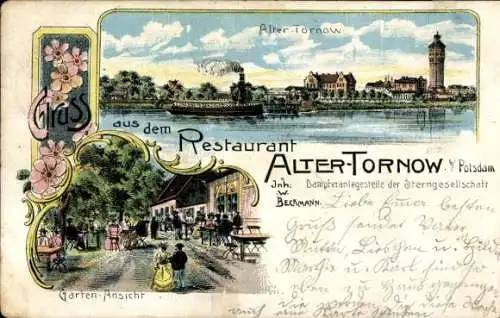 Litho Potsdam, Alter Tornow, Dampfer, Restaurant, Garten