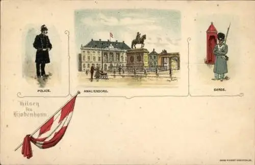 Litho Kopenhagen Dänemark, Schloss Amalienburg, Polizist, königliche Garde