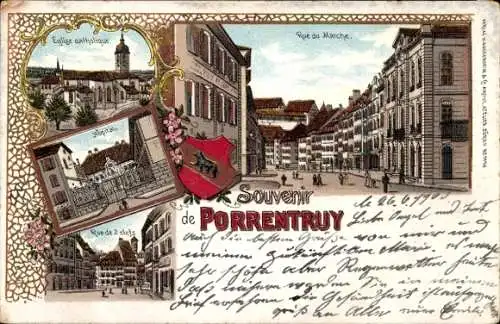Litho Pruntrut Porrentruy Canton du Jura, Rue du Marche, Eglise