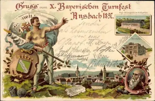 Litho Ansbach in Mittelfranken Bayern, X. bayr. Turnfest 1897, Orangerie, Turnhalle, Turnvater Jahn