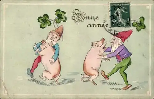 Präge Ak Glückwunsch Neujahr, Tanzende Schweine und Zwerge, Glücksklee