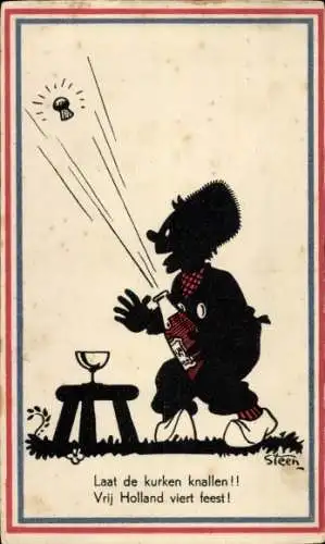 Scherenschnitt Künstler Ak Steen, Mann öffnet eine Sektflasche