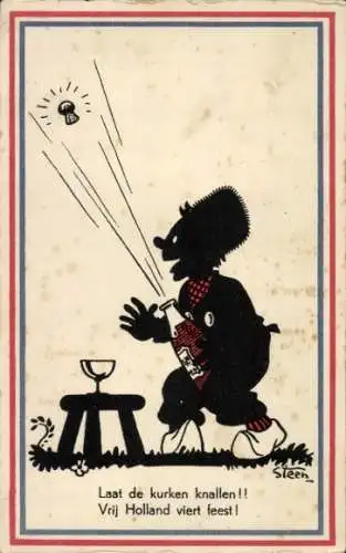 Scherenschnitt Künstler Ak Steen, Mann öffnet eine Sektflasche