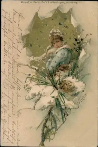 Glitzer Litho Frau-Porträt, Tannenzapfen, Allegorie, Winter