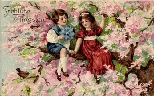 Präge Ak Glückwunsch Pfingsten, Kinder am blühenden Baum