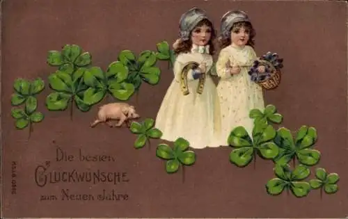 Präge Ak Glückwunsch Neujahr, Kinder, Hufeisen, Schwein, Glücksklee