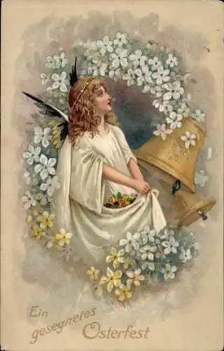 Präge Ak Glückwunsch Ostern, Engel, Glocken, Blumen