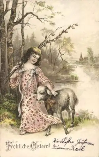 Präge Litho Glückwunsch Ostern, Mädchen, Lamm, Weidenkätzchen