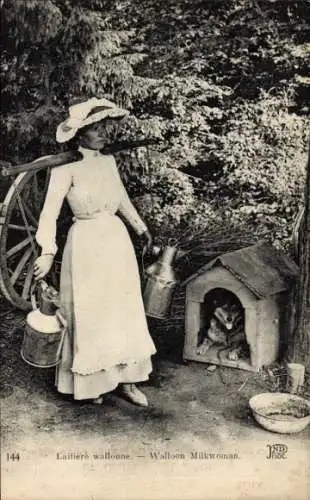 Ak Wallonisches Milchmädchen, Milchkannen, Hund, Hundehütte