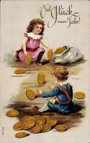 Ak Glückwunsch Neujahr, Kinder, Goldene Münzen, Geld
