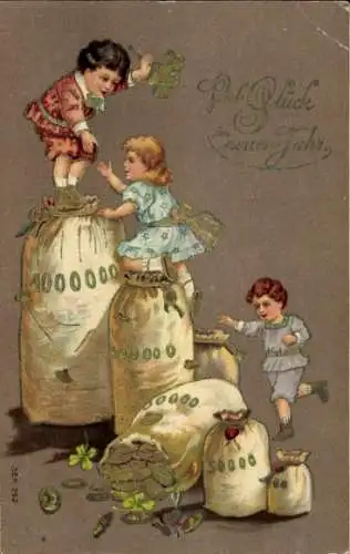 Präge Ak Glückwunsch Neujahr, Kinder, Geldsack, Glücksklee