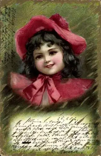Litho Mädchen mit roter Mütze, gemaltes Porträt