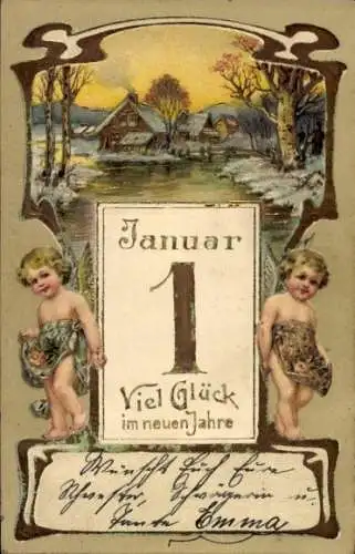Präge Ak Glückwunsch Neujahr, Kalender, Engel