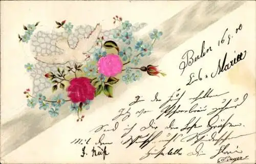 Material Ak Tauben, Blumen, Rosen, Vergissmeinnicht