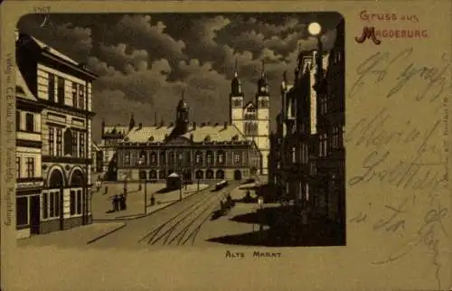 Ak Magdeburg an der Elbe,  Alter Markt mit Rathaus, Straßenbahn und Personen