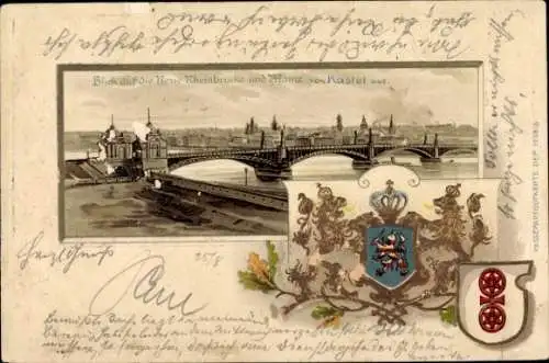 Präge Wappen Passepartout Litho Mainz Kastel Wiesbaden in Hessen, Neue Rheinbrücke, Panorama