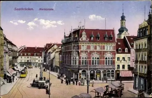 Ak Saarbrücken, Marktplatz, Brunnen, Straßenbahn